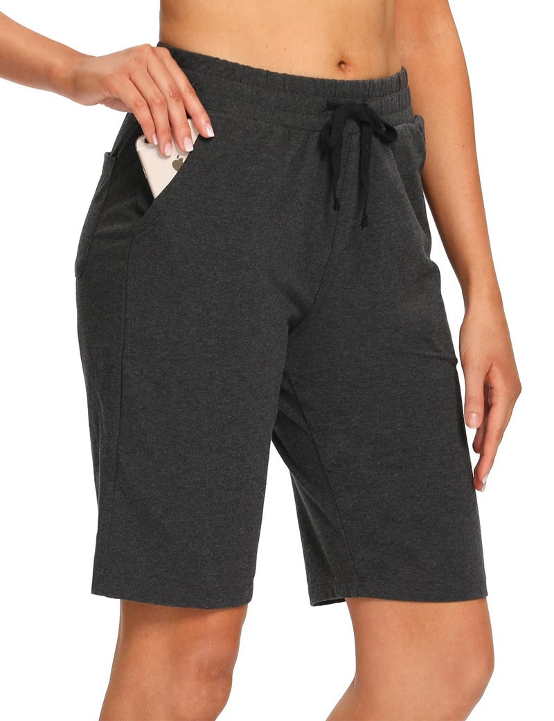 EZRUN Womens Bermuda Shorts Summer Sweat Shorts with Deep Pockets 10" Cotton Shorts for Women Gym Workout Charcoal - Image 2